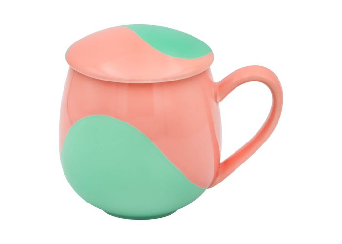 Kubek z zaparzaczem i pokrywką zielono-różowy